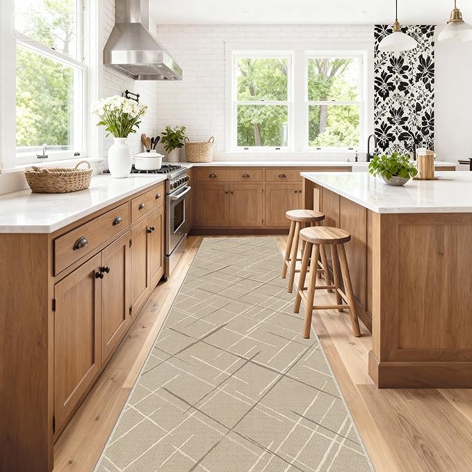 Kitchen Rugs Ultra Non-Slip 2.6x12 Washable Runner Rug Modern Tear and Stain Resistance No Pile Lightweight Runners for Entryway, Hallway, Walkway, Bedside, Entrance, Beige