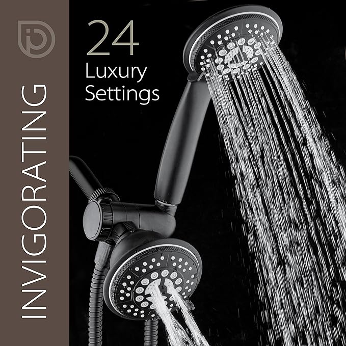 1763 Handheld Showerhead & Rain Shower Combo. High Pressure 24 Function 4" Face Dual 2 in 1 Shower Head System with Stainless Steel Hose, Patented 3-way Water Diverter in Matte Black
