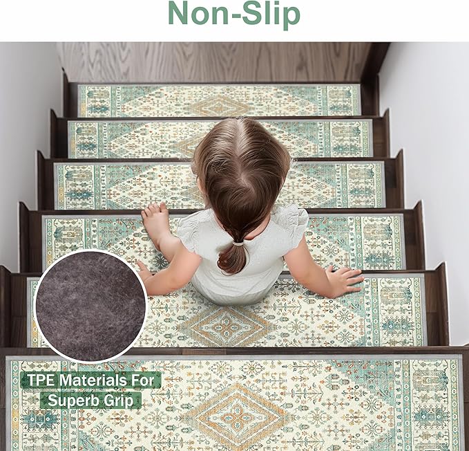sarben Non Slip Stair Treads for Wooden Steps 15PCS - 8"x30" Indoor Safety Carpet, Edging Mats with TPE Adhesive Backing, Pet and Elderly Friendly Stair Rugs (Green&Ivory)
