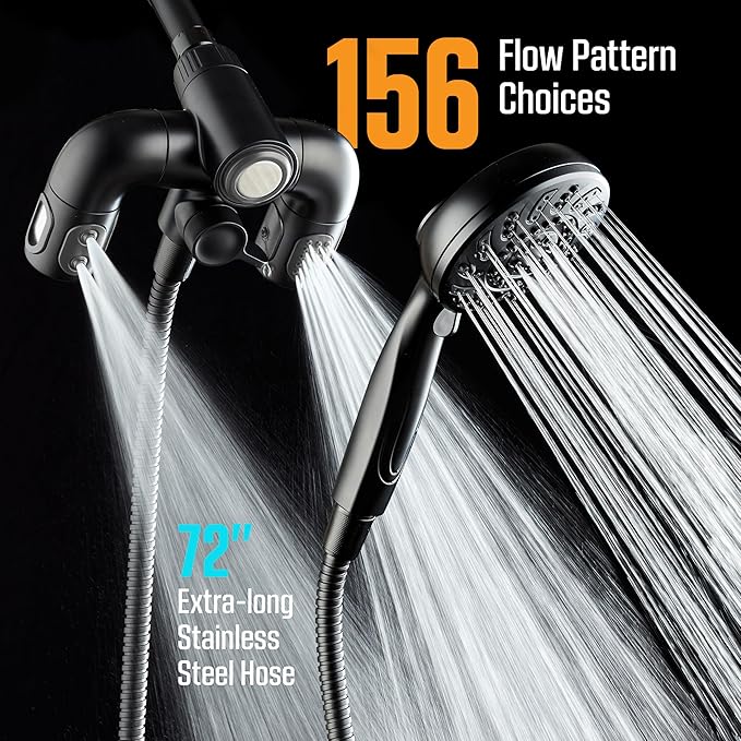 Aquadance High Pressure 156 Setting 14 Zone Shower Head & Handheld 3-way Combo System - Magnetic Docking, 314 Power Jets, Dual Adjustable Arms, 6 ft. Metal Hose, Matte Black Finish, Top American Brand