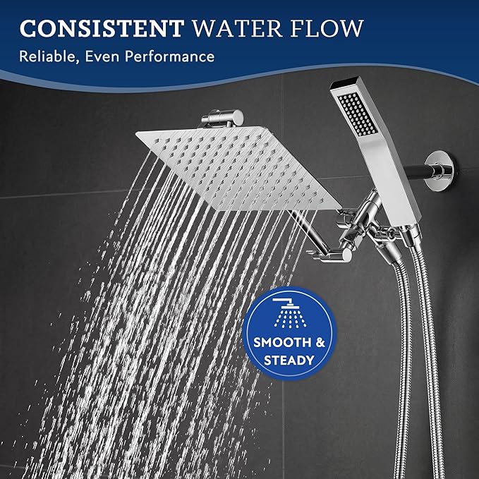 G-Promise All Metal 8 Inch Dual Square Shower Head with Handheld Spray Combo, Rain Shower Head, Adjustable Extension Arm, Smooth 3-Way Diverter, 71 Inch Extra Long Hose - A Bathroom Upgrade (Chrome)