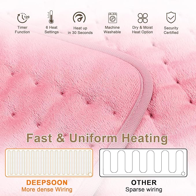 Deepsoon Heating Pad,Electric Heating Pads for Back,Neck,Moist Heating Pad for Abdomen Shoulder Knee Legs,Dry/Moist Heat&Auto Shut Off,Mother's Day Birthday for Men and Women,BabyPink,24x20 Inch