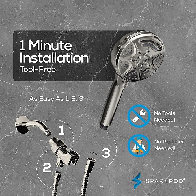 SparkPod 5 Inch Handheld Brushed Nickel Shower Head - 9 Spray Settings With On/Off Switch - Pulsating Rain Mode - Feeling Of An Oasis - Auto-Resets After Every Use - Resort Quality - Durable