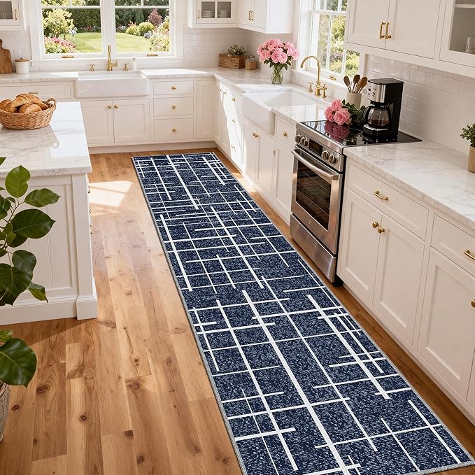 Non Slip Hallway Runner Rug 2.6x12, Modern Distressed Stripe, Washable Extra Long Rug, Woven Thin Low Pile Carpet Runners for Hallway 12ft Entryway, Kitchen, Walkway- Blue