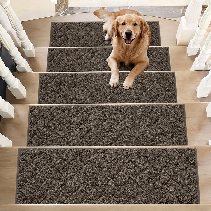 BEQHAUSE Edging Stair Treads for Wooden Steps 9" x 28", Non Slip Carpet Stair Treads Indoor Stair Runners, Soft Stair Rugs, Machine Washable, 100% Polyester, TPE Backing, 4pcs, Brown