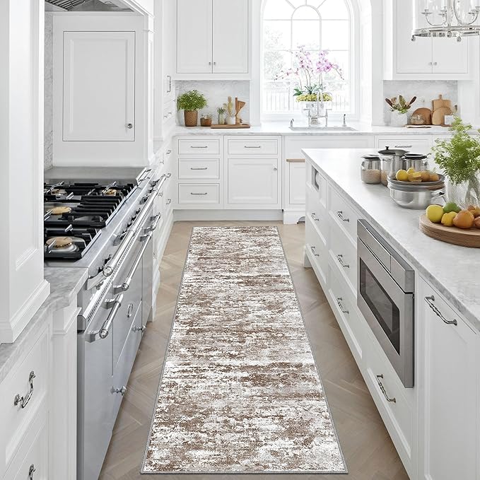 Rug Runners 2x8 Ultra Non-Slip Washable Kitchen Rug Abstract Tear and Stain Resistance No Pile Hand-Woven Style Lightweight Runners for Hallways, Entryway, Laundry Room, Bedside, Brown