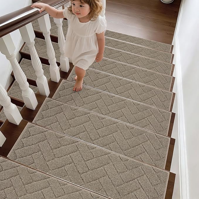 BEQHAUSE Edging Stair Treads for Wooden Steps 9" x 28", Non Slip Carpet Stair Treads Indoor Stair Runners, Soft Stair Rugs, Machine Washable, 100% Polyester, TPE Backing, 15pcs, Beige