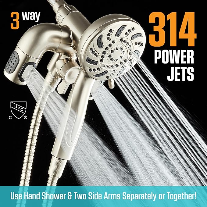 Aquadance High Pressure 156 Setting 14 Zone Shower Head & Handheld 3-way Combo System - Magnetic Docking, 314 Power Jets, Dual Adjustable Arms, 6 ft. Metal Hose, All Nickel Finish, Top American Brand
