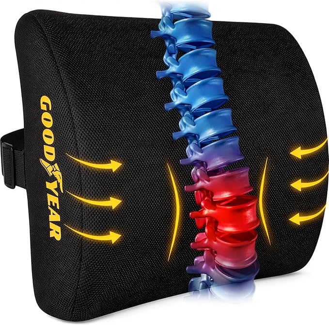 Goodyear Ergonomic Lumbar Support Pillow for Office Chair, Gaming Chair, or Car, Memory Foam Cushion with Ventilated Mesh and Adjustable Strap for Long Lasting Comfort