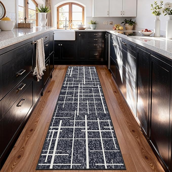 Non Slip Hallway Runner Rug 2x8,Modern Distressed Stripe, Washable Long Rug, Woven Thin Low Pile Carpet Runners for Hallway 10ft Entryway, Kitchen, Walkway- Midnight Black