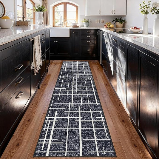 Non Slip Hallway Runner Rug 2x8,Modern Distressed Stripe, Washable Long Rug, Woven Thin Low Pile Carpet Runners for Hallway 10ft Entryway, Kitchen, Walkway- Midnight Black