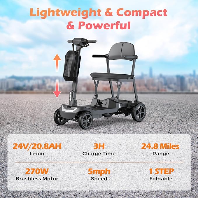 Lightweight Mobility Scooter for Seniors & Adults - 37.5 lb Dual Lithium Batteries 24.8 Miles Range, Cruise & Airline Approved, Foldable Portable Travel Motorized Scooter, No Tools Needed, Black