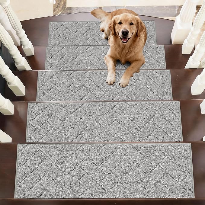 BEQHAUSE Edging Stair Treads for Wooden Steps 9" x 28", Non Slip Carpet Stair Treads Indoor Stair Runners, Soft Stair Rugs, Machine Washable, 100% Polyester, TPE Backing, 4pcs, Grey