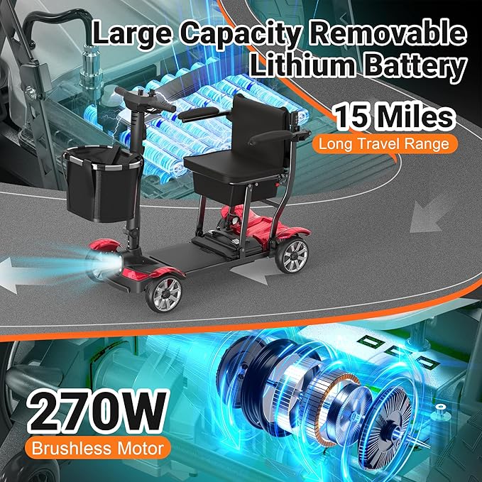 Mobility Scooter for Adults, 4 Wheels Mobility Scooter with LCD Display, 350LBS Capacity & Lithium Battery, Airline Approved, 38LBS Motorized Mobility Scooter for Seniors (Red, 15 MI-211)