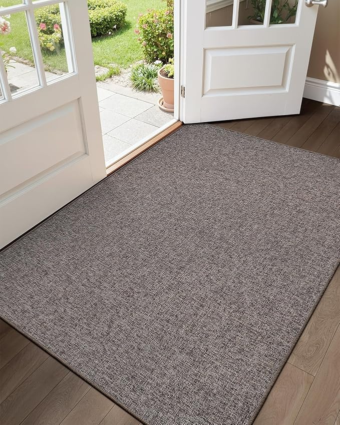 Color&Geometry Ultra Thin Indoor Door Mat (Rolled-up NO Creases) 48"x72", Non Slip Rubber Backed Dirt Trapper Door Mat Indoor Entrance, Low Profile Entryway Mat, Easy Clean Entry Mat, Grey-brown Linen