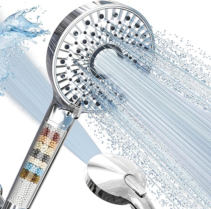 Magichome Filtered Shower Head with Handheld, High Pressure 10-Spd Detachable Chrome Showerhead with Stainless Hose, Water Softener Filter Beads for Hard Water - Remove Chlorine, Reduce Dry Itchy Skin