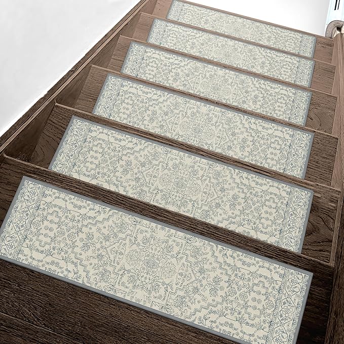 Non Slip Stair Treads for Wooden Steps 15PCS - 8"x30" Indoor Safety Carpet, Edging Mats with TPE Adhesive Backing, Pet and Elderly Friendly Stair Rugs (Beige Line)