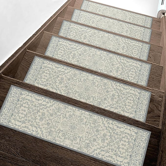 Non Slip Stair Treads for Wooden Steps 15PCS - 8"x30" Indoor Safety Carpet, Edging Mats with TPE Adhesive Backing, Pet and Elderly Friendly Stair Rugs (Beige Line)