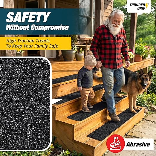 Thunder Grip Outdoor Stair Treads Non Slip 30" x 6" - 15-Pack Weather Resistant Exterior Grip Tape for Wooden Steps - Anti Skid Strips - Waterproof 80-Grit Adhesive Treads
