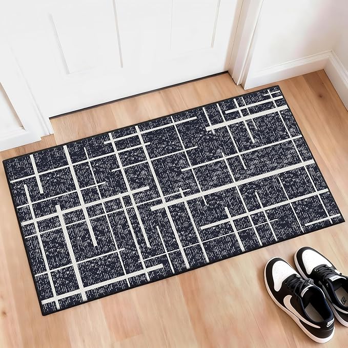 Washable Runner Rug 2x4, Modern Distressed Stripe, Kitchen Runner Rug Non Slip, Woven Thin No Shed Runners for Entryway, Kitchen, Laundry Room- Midnight Black