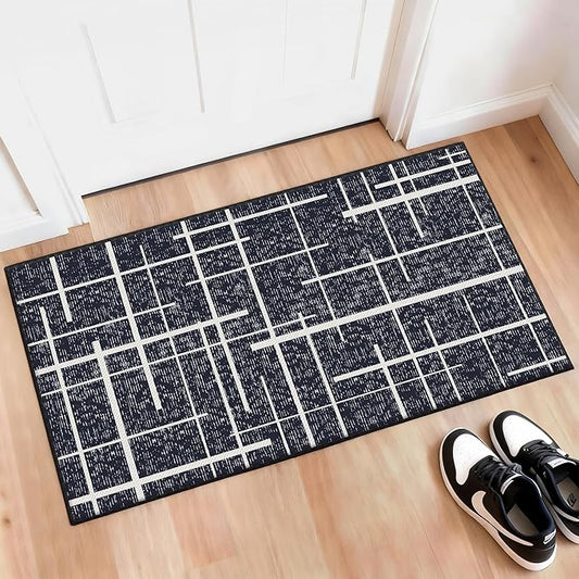 Washable Runner Rug 2x4, Modern Distressed Stripe, Kitchen Runner Rug Non Slip, Woven Thin No Shed Runners for Entryway, Kitchen, Laundry Room- Midnight Black