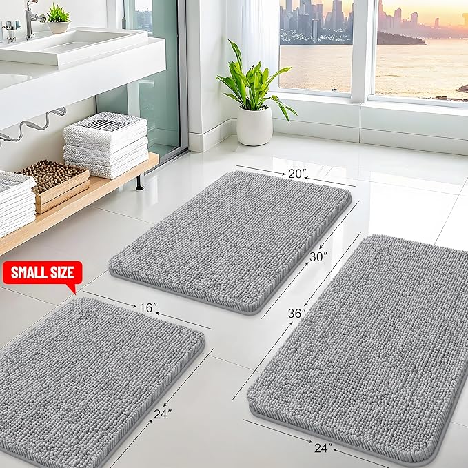 Arotive Bathroom Rugs 47x24, Extra Soft Absorbent Shaggy Chenille Bath Rugs, Machine Washable Rubber Backing Non-Slip Bath Mats for Bathroom Floor Tub and Shower, Home Decor Accessories,Light Grey