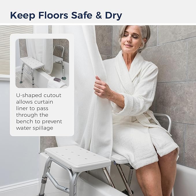 Drive Medical Splash Defense Tub Transfer Bench for Bathtub - U-Shaped Shower Curtain Guard - Adjustable Height - Reversible Design - 400 Lb Capacity - Safe Bathing Aid - White