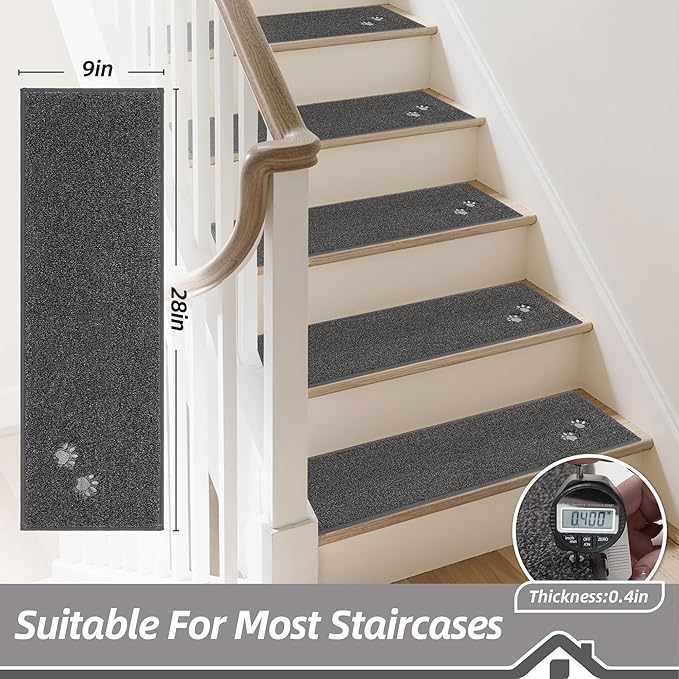 BEQHAUSE Stair Treads for Wooden Steps 28inX9in, Non Slip Carpet Stair Treads Indoor Stair Runners Machine Washable, Soft Stair Rugs Mat Surface Polyester TPE Backing, 15pcs, Charcoal