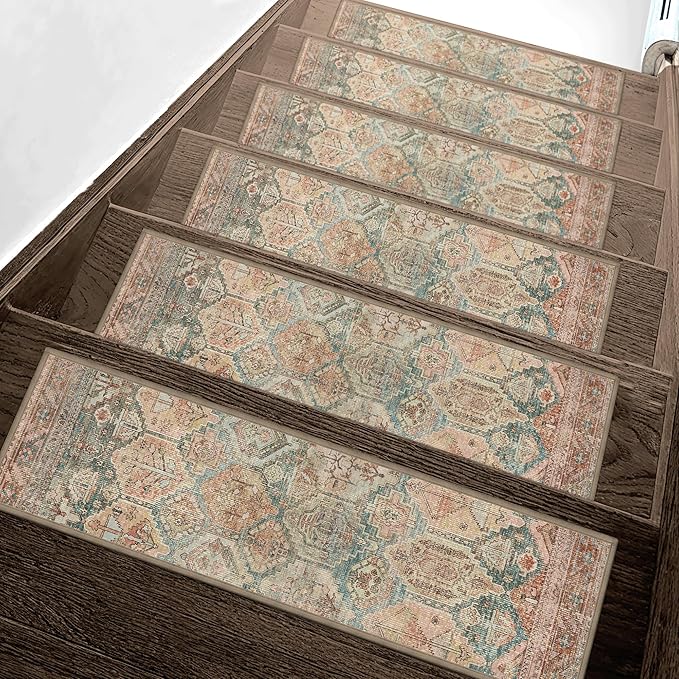 sarben Carpet Stair Treads Non Slip 15PCS, 8" X 30" Edging Stair Runner for Wooden Steps Indoor, Resistant Stair Rugs with Reusable TPE Adhesive Backing, Residue Mat for Elders, Pets, Cedarwood/Sage