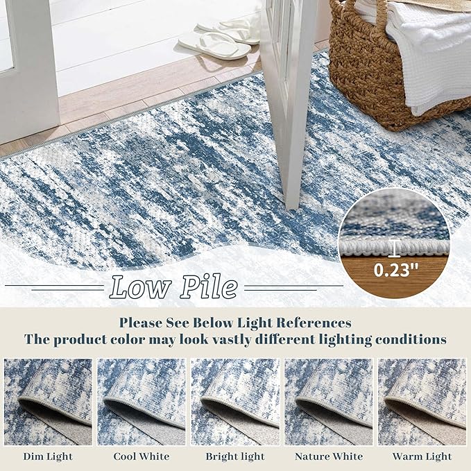3x5 Area Rug Washable Entryway Rug Non Slip Abstract Tear and Stain Resistance No Pile Lightweight Throw Rugs Carpet for Kitchen, Entrance, Foyer, Bedside, Mudroom, Blue