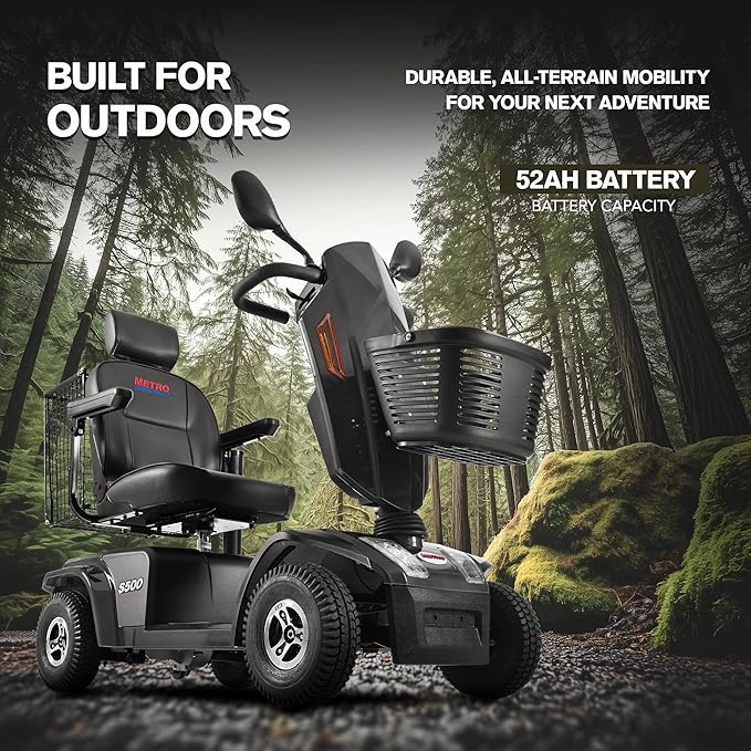 S500 4-Wheel Electric Mobility Scooter, Long-Range 52Ah Battery Up to 25 Miles, 500W Heavy-Duty Motor, 10” Pneumatic Tires, Adjustable Captain Seat, Storage Baskets for Seniors, Gloss Black
