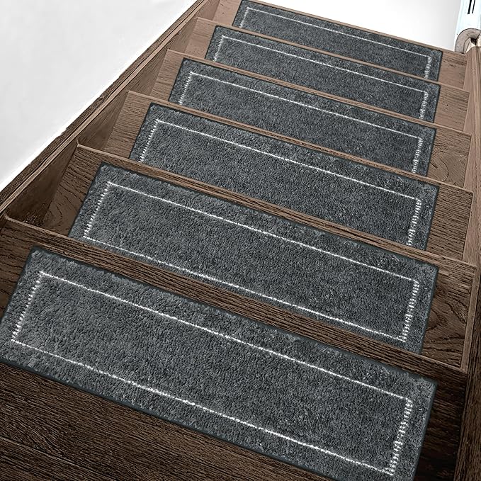 Non Slip Microfiber Stair Treads for Wooden Steps, 15PCS 8"x30" Indoor Safety Carpet, 3D Cut & Loop Tufted Edging Mats with TPE Adhesive Backing, Pet & Elderly Friendly Stair Rugs (Charcoal Border)