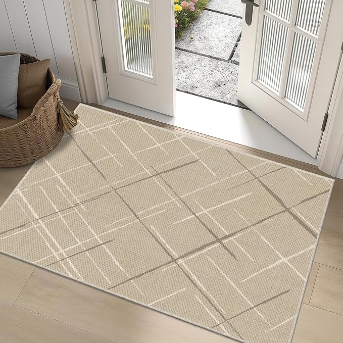 3x5 Area Rug Washable Entryway Rug Non Slip Modern Tear and Stain Resistance No Pile Lightweight Throw Rugs Carpet for Kitchen, Entrance, Foyer, Bedside, Mudroom, Beige