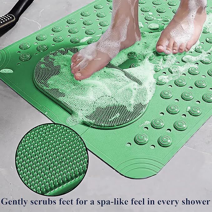 Bath Mat for Tub and Shower – Anti-Slip with Suction Cups, Exfoliating Foot Scrubber, Drain Holes & Massage Points – PVC, 19.7” x 31.5” – Non-Slip Mat for Seniors, Families, Spa Use