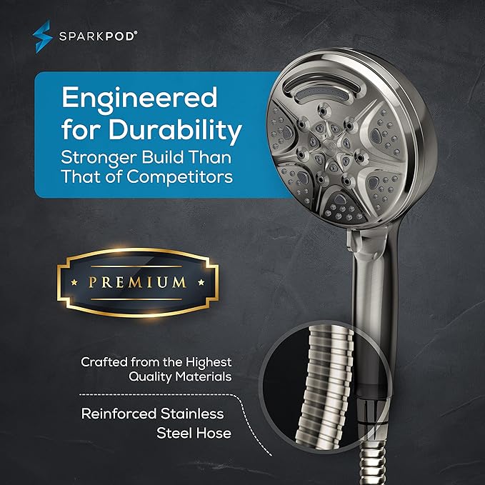 SparkPod 5 Inch Handheld Brushed Nickel Shower Head - 9 Spray Settings With On/Off Switch - Pulsating Rain Mode - Feeling Of An Oasis - Auto-Resets After Every Use - Resort Quality - Durable