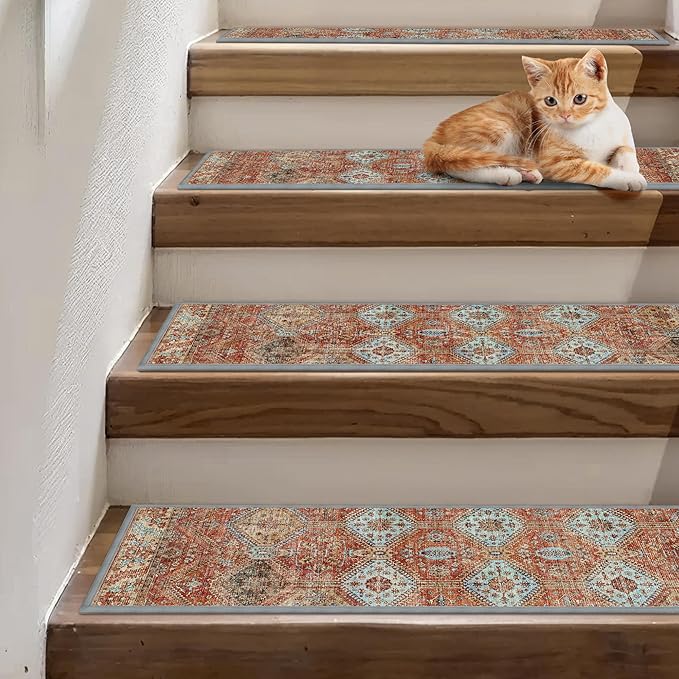 sarben Non Slip Stair Treads for Wooden Steps 15PCS - 8"x30" Indoor Safety Carpet, Edging Mats with TPE Adhesive Backing, Pet and Elderly Friendly Stair Rugs (Rust)
