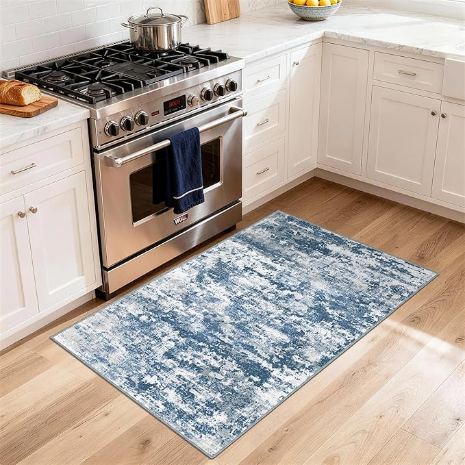 3x5 Area Rug Washable Entryway Rug Non Slip Abstract Tear and Stain Resistance No Pile Lightweight Throw Rugs Carpet for Kitchen, Entrance, Foyer, Bedside, Mudroom, Blue