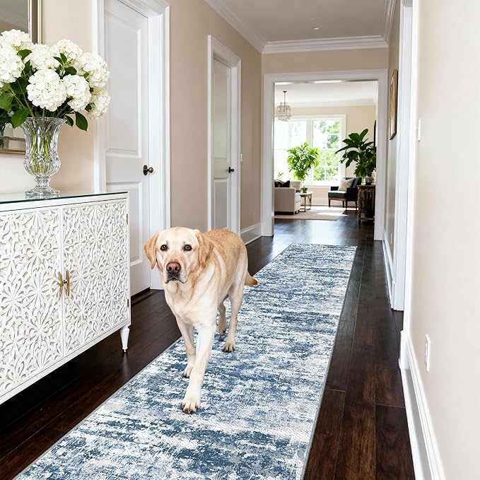 Runners for Hallways Ultra Non-Slip 2x10 Long Runner Rugs Washable Abstract Tear and Stain Resistance No Pile Lightweight Modern Rug Runners for Entryway, Kitchen, Walkway, Entrance, Blue