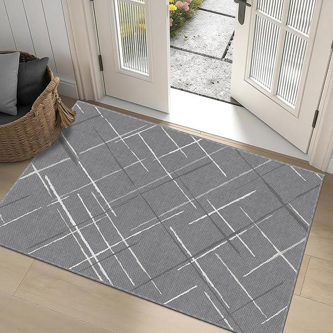 3x5 Area Rug Washable Entryway Rug Non Slip Modern Tear and Stain Resistance No Pile Lightweight Throw Rugs Carpet for Kitchen, Entrance, Foyer, Bedside, Mudroom, Gray