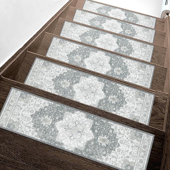 sarben Non Slip Stair Treads for Wooden Steps 15PCS - 8"x30" Indoor Safety Carpet, Edging Mats with TPE Adhesive Backing, Pet and Elderly Friendly Stair Rugs (Grey)