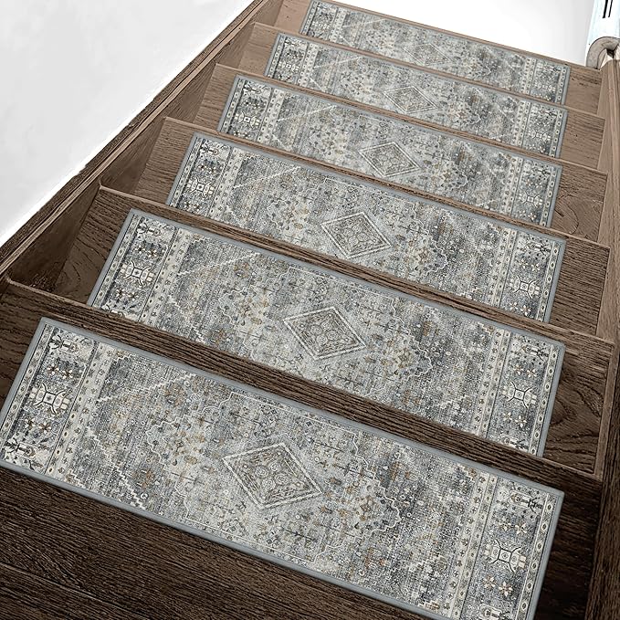 sarben Non Slip Stair Treads for Wooden Steps 15PCS - 8"x30" Indoor Safety Carpet, Edging Mats with TPE Adhesive Backing, Pet and Elderly Friendly Stair Rugs (Charcoal&Gray)