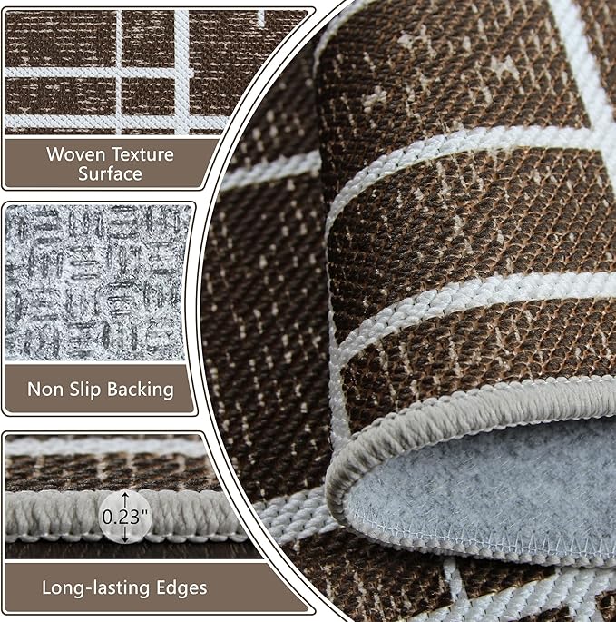 Washable Runner Rug 2x6, Brown Modern Distressed Stripe, Hallway Runner Rug Non Slip, Woven Thin No Shed Runners for Entryway, Kitchen, Laundry Room- Brown