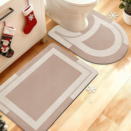 ACCUMTEK Non Slip Bath Mat, Thin Bathroom Rugs Fit Under Door, Quick Dry Bath Mats, Machine Washable Bath Rugs for Bathroom, Bathtub & Kitchen, Light Brown/Bordered/24 x17+ 24"x20" Contour Rug