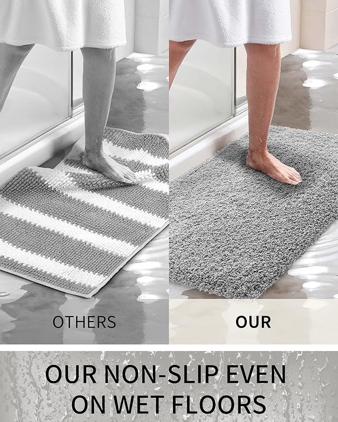 Bathroom Rugs Non Slip Washable 59x24, Ultra Thick Soft Microfiber Absorbent Bath Mats, High Density Foam Latex Non Slip Backing Bath Rugs, Fluffy Floor Carpet for Tub&Shower, Grey