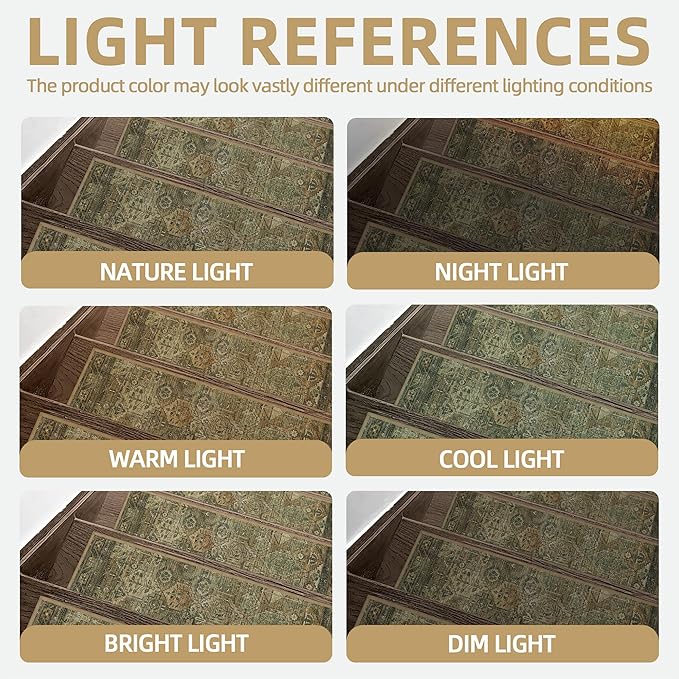 sarben Non Slip Stair Treads for Wooden Steps 15PCS - 8"x30" Indoor Safety Carpet, Edging Mats with TPE Adhesive Backing, Pet and Elderly Friendly Stair Rugs (Olive/Brown)