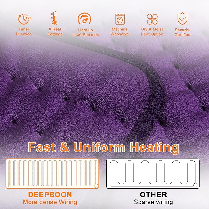 Deepsoon Heating Pad,Electric Heating Pads for Back,Neck,Moist Heating Pad for Abdomen Shoulder Knee Legs,Dry/Moist Heat&Auto Shut Off,Mother's Day Birthday for Men and Women,Dark Purple,33x17 Inch
