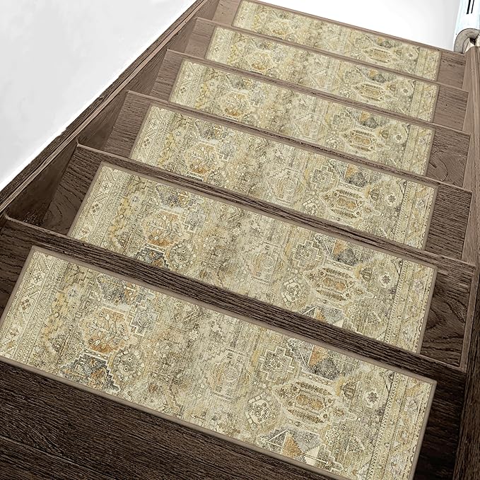 sarben Carpet Stair Treads Non Slip 15PCS, 8" X 30" Edging Stair Runner for Wooden Steps Indoor, Resistant Stair Rugs with Reusable TPE Adhesive Backing, Residue Mat for Elders, Pets, Tawny/Ivory