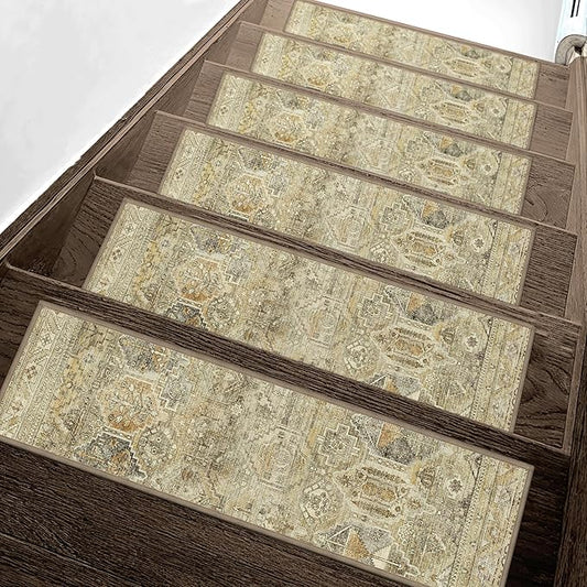 sarben Carpet Stair Treads Non Slip 15PCS, 8" X 30" Edging Stair Runner for Wooden Steps Indoor, Resistant Stair Rugs with Reusable TPE Adhesive Backing, Residue Mat for Elders, Pets, Tawny/Ivory