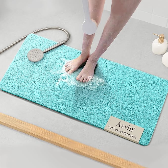 Asvin Soft Textured Bath, Shower, Tub Mat, 35x16 Inch, Phthalate Free, Non Slip Comfort Bathtub Mats with Drain, PVC Loofah Bathroom Mats for Wet Areas, Quick Drying