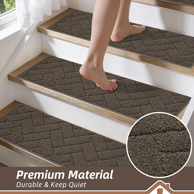 BEQHAUSE Edging Stair Treads for Wooden Steps 9" x 28", Non Slip Carpet Stair Treads Indoor Stair Runners, Soft Stair Rugs, Machine Washable, 100% Polyester, TPE Backing, 15pcs, Brown